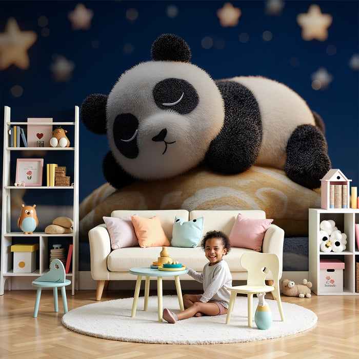 Babyzimmer Tapete | Schlafender Panda auf einem Stern in einem sternenklaren Himmel