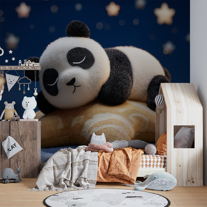 Babyzimmer Tapete | Schlafender Panda auf einem Stern in einem sternenklaren Himmel