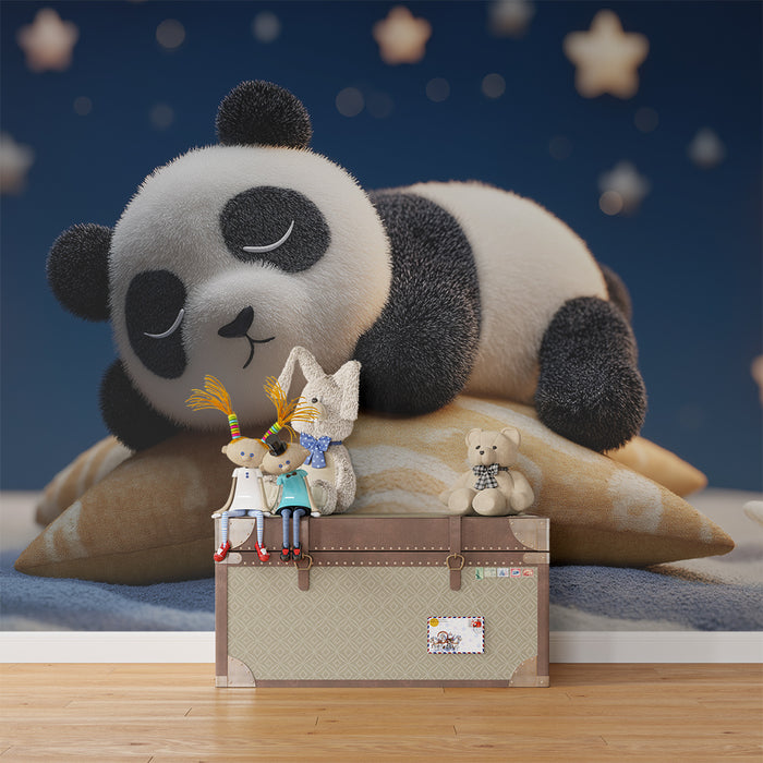 Babyzimmer Tapete | Schlafender Panda auf einem Stern in einem sternenklaren Himmel