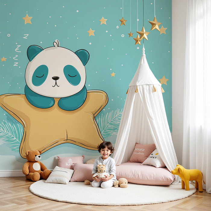 Babyzimmer Tapete | Schlafender Panda auf einem Stern unter einem Sternenhimmel