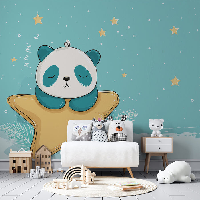 Babyzimmer Tapete | Schlafender Panda auf einem Stern unter einem Sternenhimmel