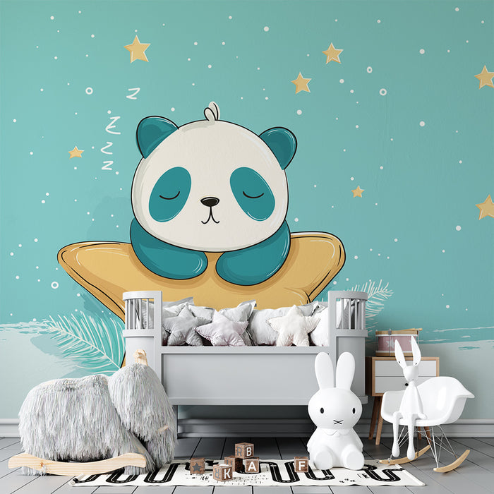 Babyzimmer Tapete | Schlafender Panda auf einem Stern unter einem Sternenhimmel