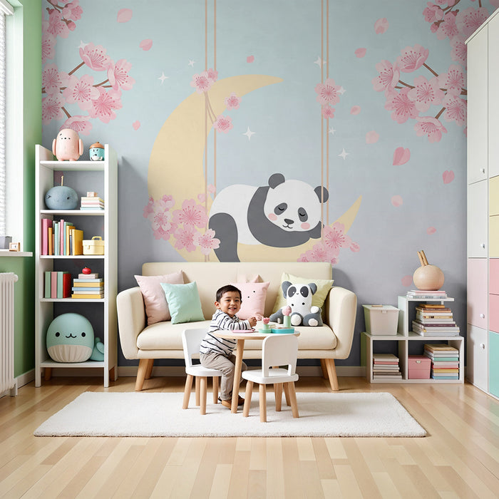 Χαρτί τοίχου βρεφικού δωματίου | Κοιμώμενο πάντα σε ένα φεγγάρι που περιτριγυρίζεται από λουλούδια βερικοκιάς