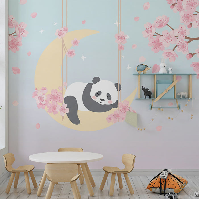Χαρτί τοίχου βρεφικού δωματίου | Κοιμώμενο πάντα σε ένα φεγγάρι που περιτριγυρίζεται από λουλούδια βερικοκιάς