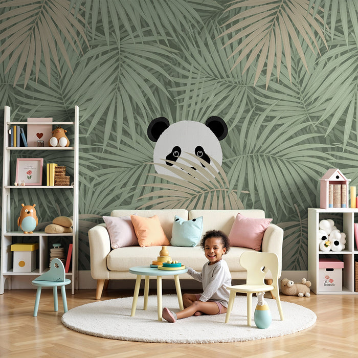 Lastenhuoneen tapetti | Leikkisä panda palmujen keskellä