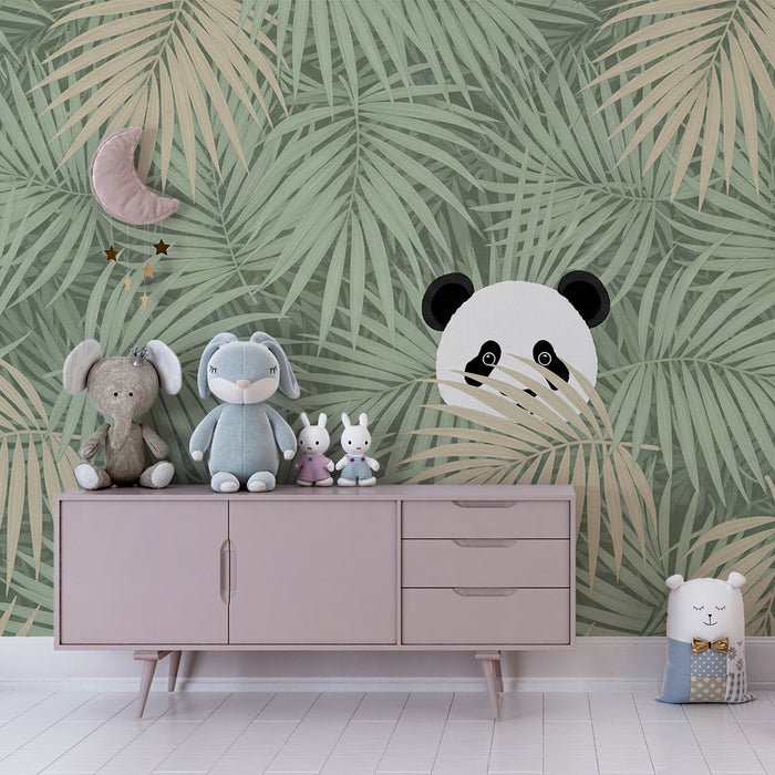 Lastenhuoneen tapetti | Leikkisä panda palmujen keskellä
