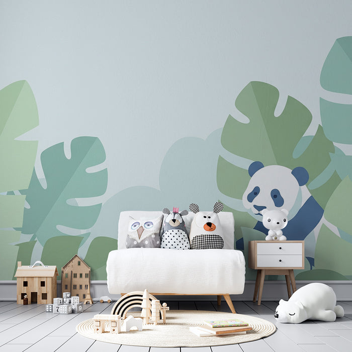 Papel pintado infantil | Panda travieso escondido en la selva verde.