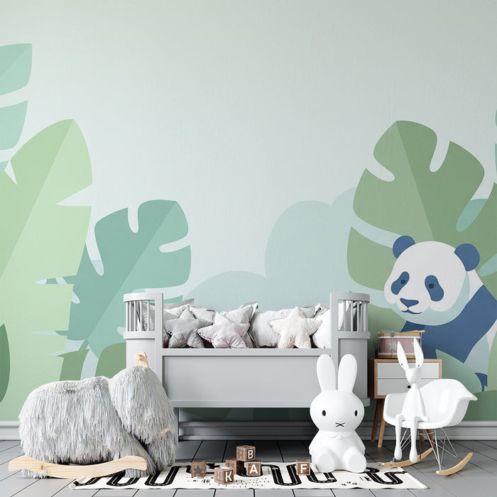 Papel pintado infantil | Panda travieso escondido en la selva verde.