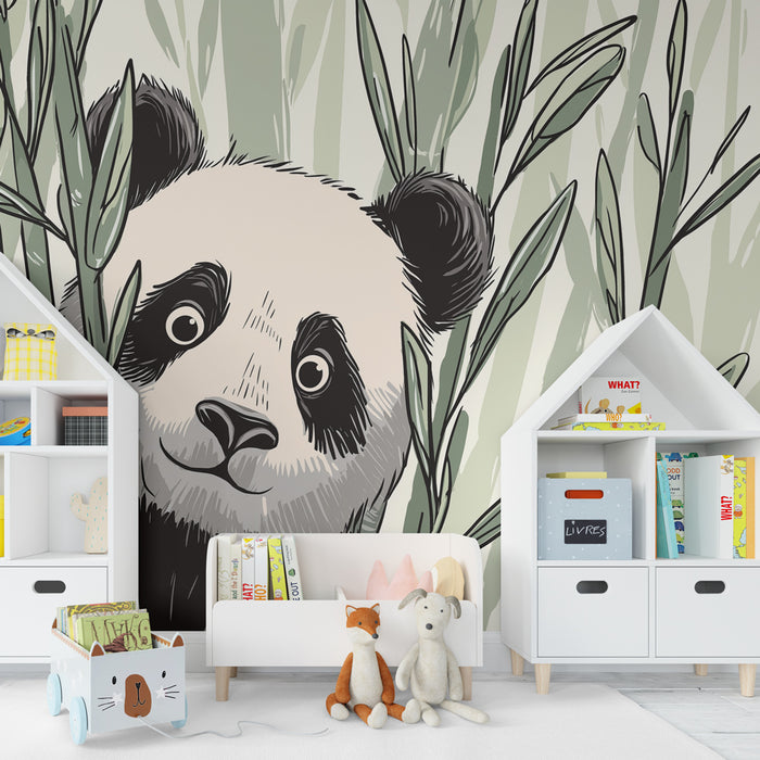 Papier peint chambre bébé | Panda espiègle dans la jungle