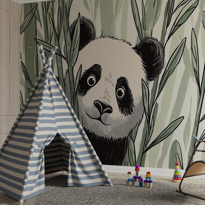 Papier peint chambre bébé | Panda espiègle dans la jungle