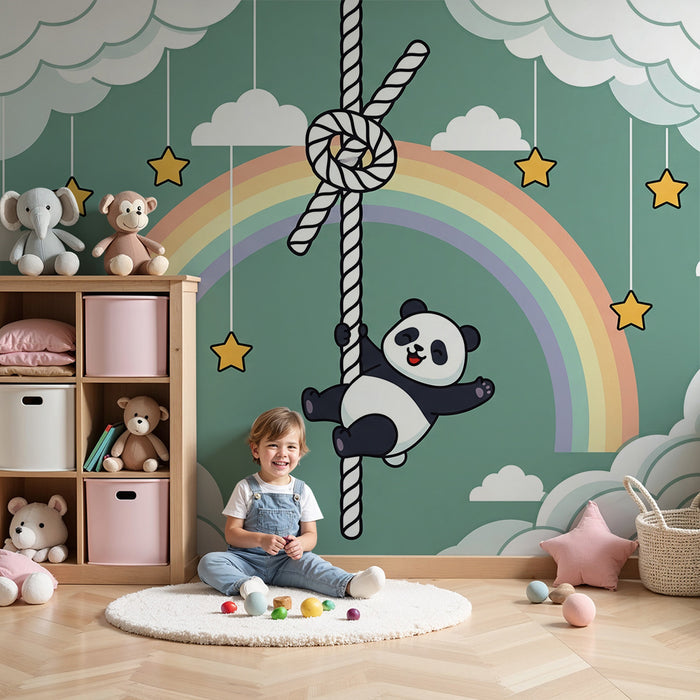 Papier peint chambre bébé | Panda espiègle dans un ciel étoilé avec arc-en-ciel