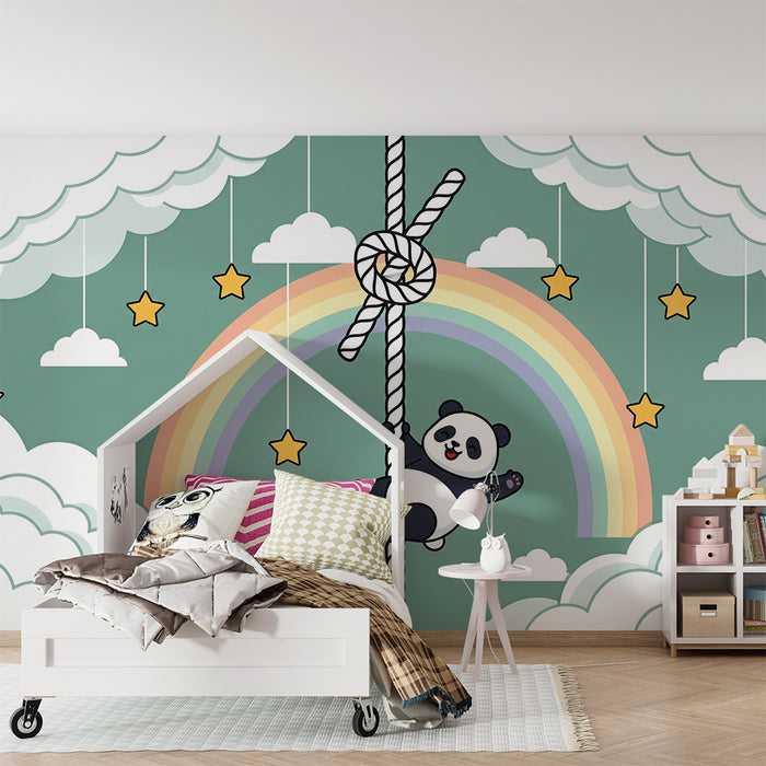 Papier peint chambre bébé | Panda espiègle dans un ciel étoilé avec arc-en-ciel