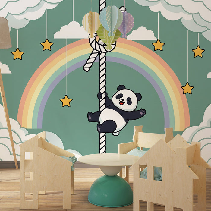 Papier peint chambre bébé | Panda espiègle dans un ciel étoilé avec arc-en-ciel