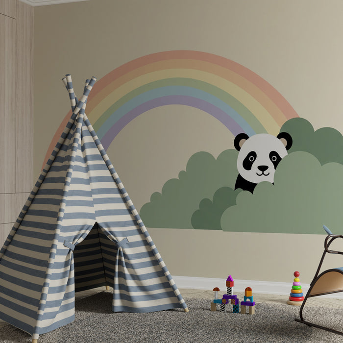 Papel pintado infantil | Panda y arco iris en un jardín mágico