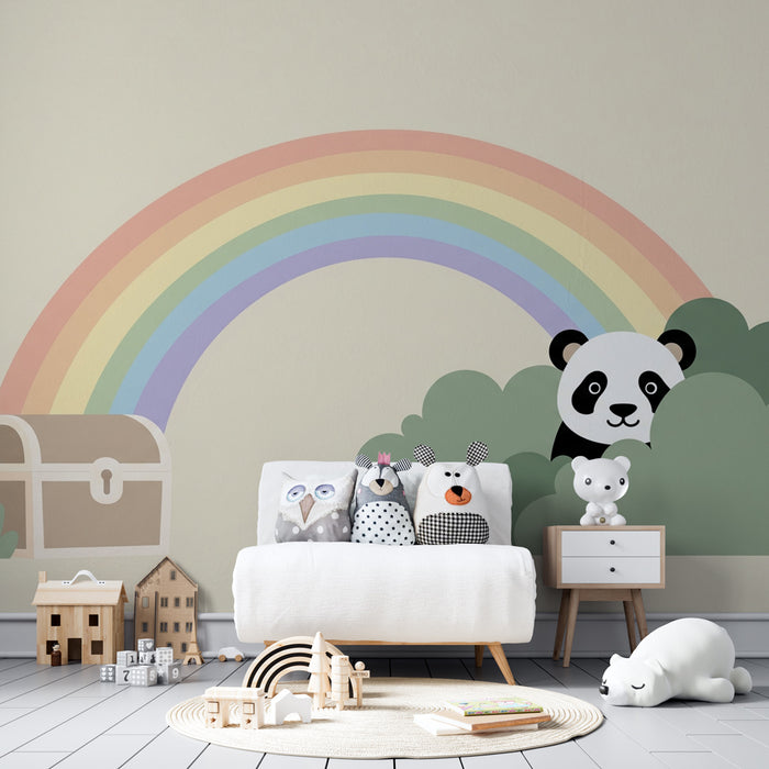 Papel pintado infantil | Panda y arco iris en un jardín mágico