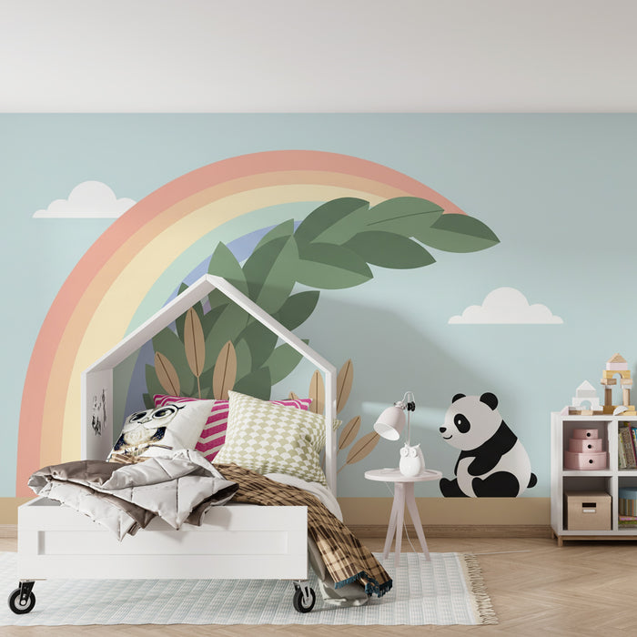 Papier peint chambre bébé | Panda et arc-en-ciel dans un monde magique