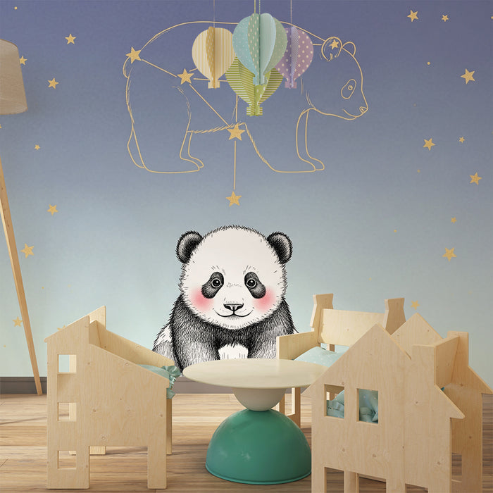 Barntapet | Panda och stjärnbeströdda konstellationer