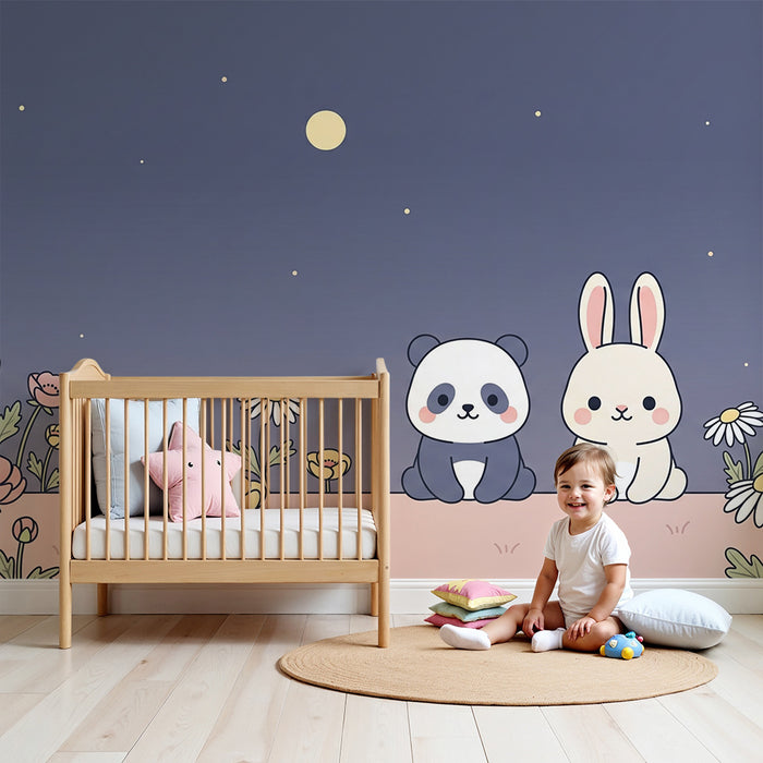 Babyzimmer Tapete | Panda und Hase unter einem Sternenhimmel mit bunten Blumen