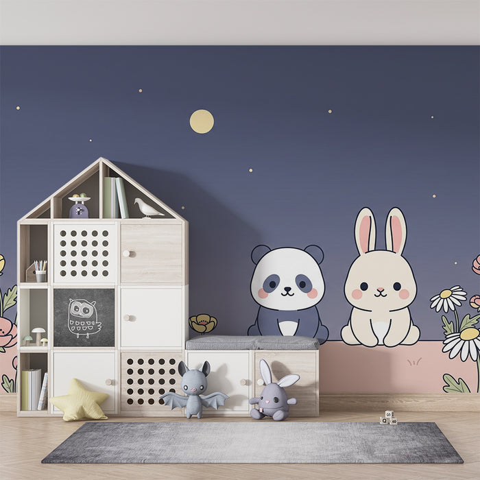 Babyzimmer Tapete | Panda und Hase unter einem Sternenhimmel mit bunten Blumen