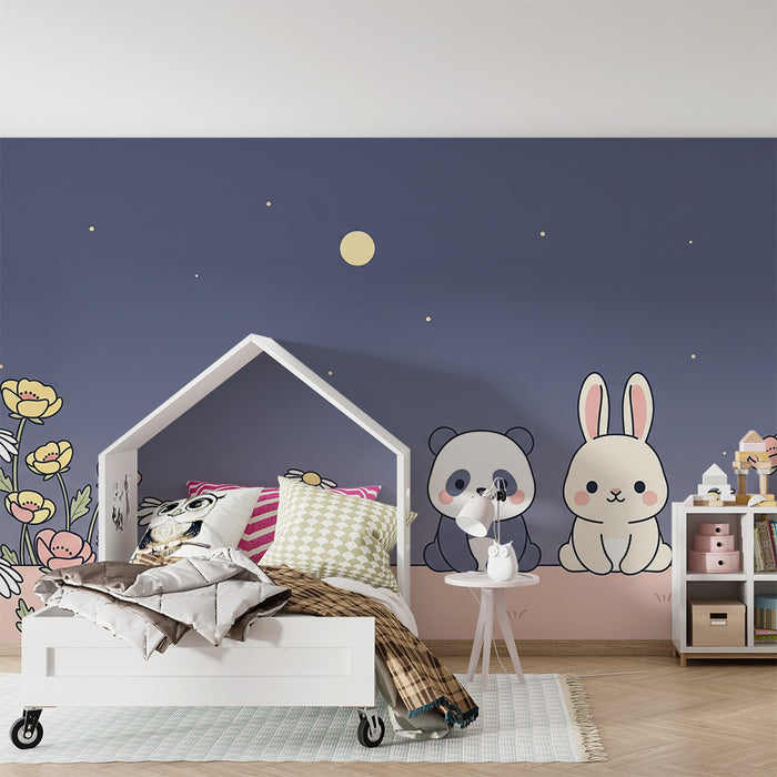 Babyzimmer Tapete | Panda und Hase unter einem Sternenhimmel mit bunten Blumen