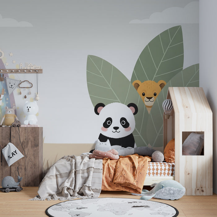 Tapéta gyermekszobába | Panda és kincs szivárvány alatt