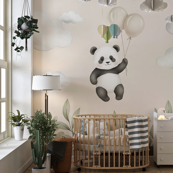 Papier peint chambre bébé | Panda flottant avec des ballons et nuages