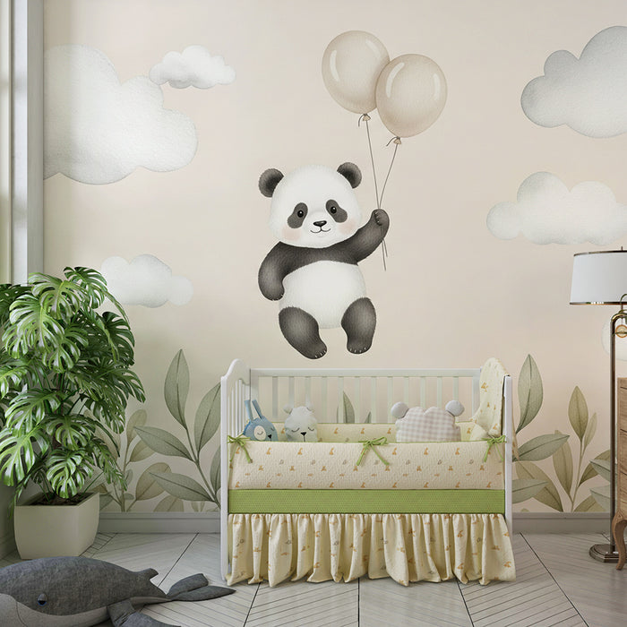 Papier peint chambre bébé | Panda flottant avec des ballons et nuages