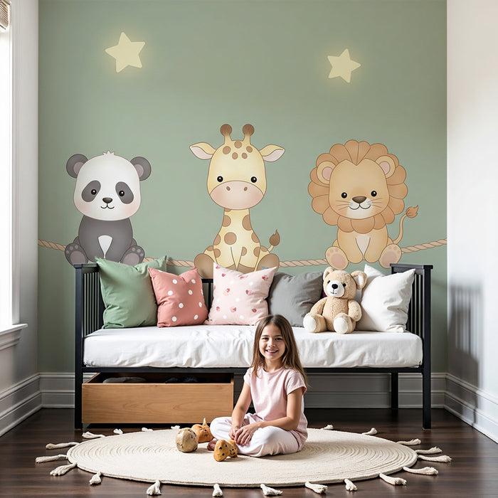 Lastenhuoneen tapetti | Panda, kirahvi ja leijona tähtien alla