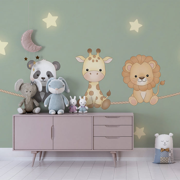 Lastenhuoneen tapetti | Panda, kirahvi ja leijona tähtien alla