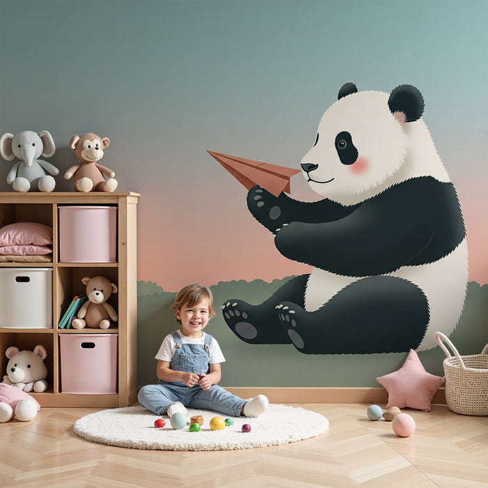 Papier peint chambre bébé | Panda joueur avec un avion en papier