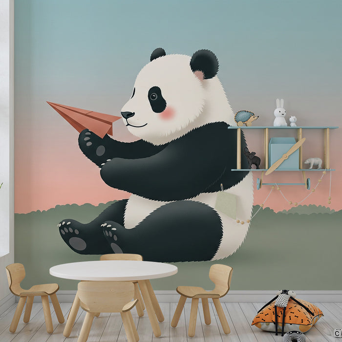 Papier peint chambre bébé | Panda joueur avec un avion en papier