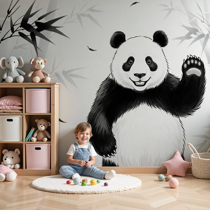 Børneværelses tapet | Glad panda blandt bambus