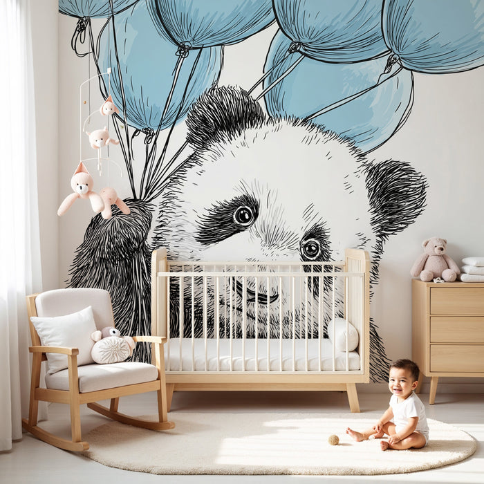 Papier peint chambre bébé | Panda joyeux avec ballons bleus
