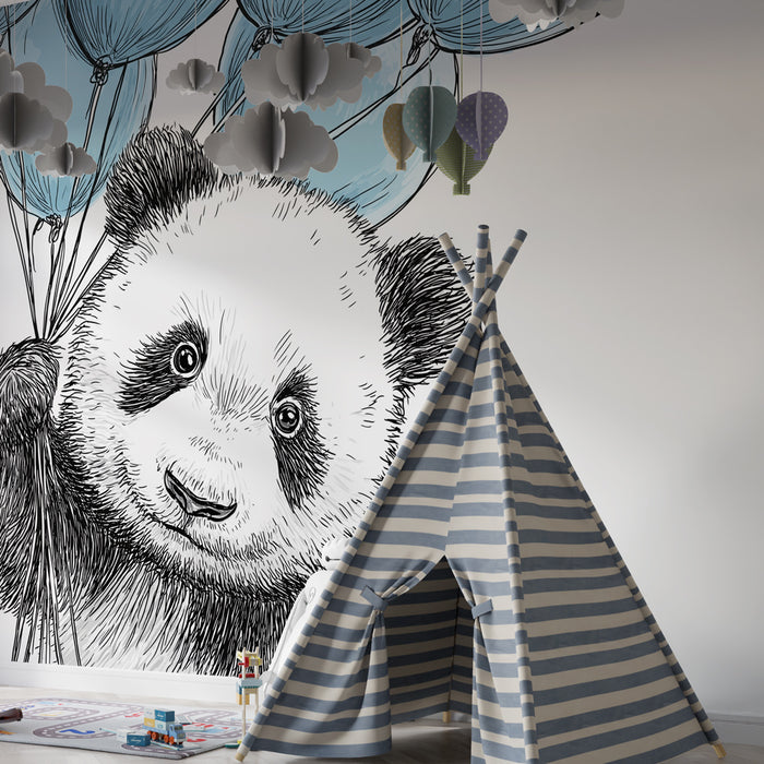 Papier peint chambre bébé | Panda joyeux avec ballons bleus
