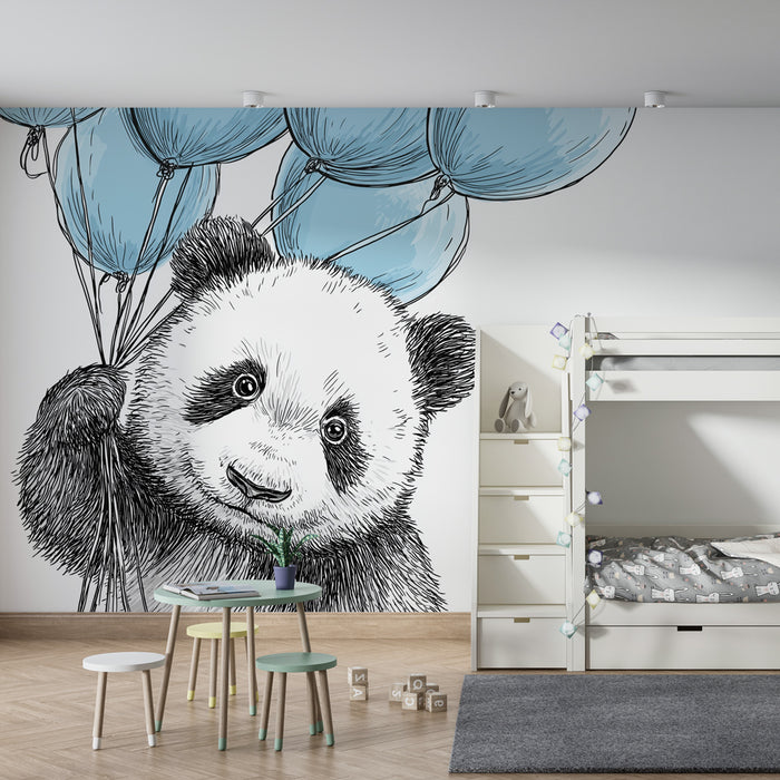 Papier peint chambre bébé | Panda joyeux avec ballons bleus