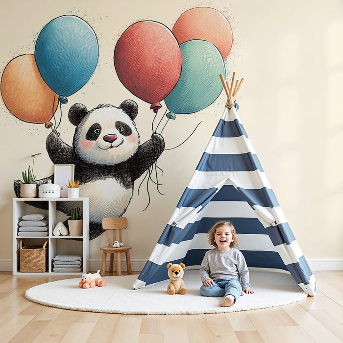 Babyzimmer Tapete | Fröhlicher Panda mit bunten Luftballons