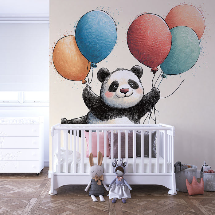 Babyzimmer Tapete | Fröhlicher Panda mit bunten Luftballons