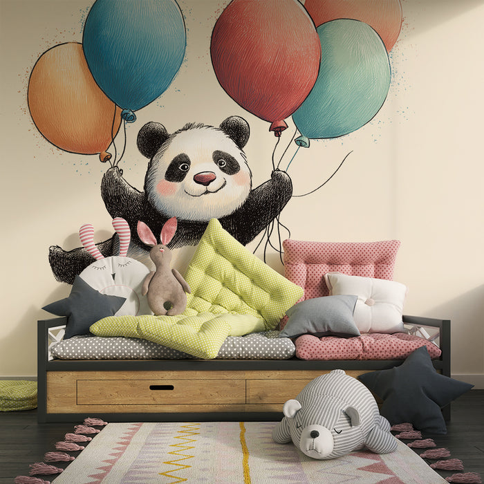 Babyzimmer Tapete | Fröhlicher Panda mit bunten Luftballons