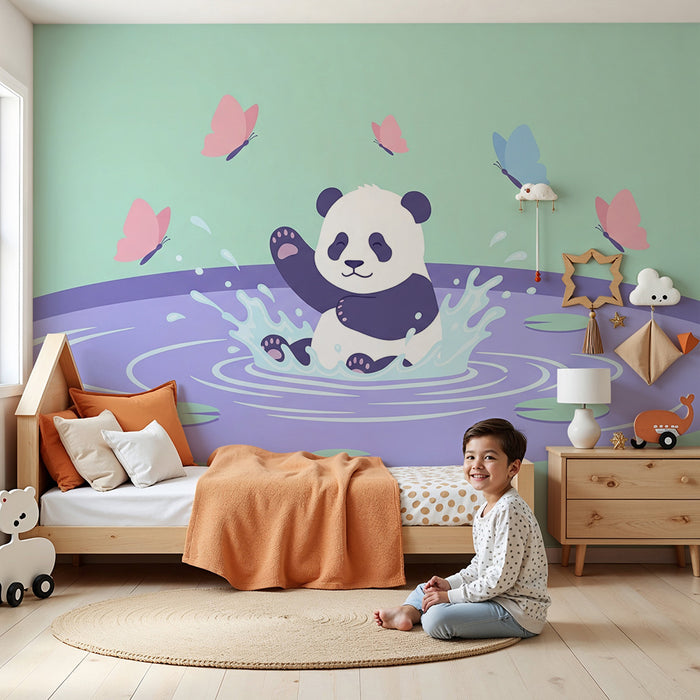 Papier peint chambre bébé | Panda joyeux dans l'eau avec des papillons