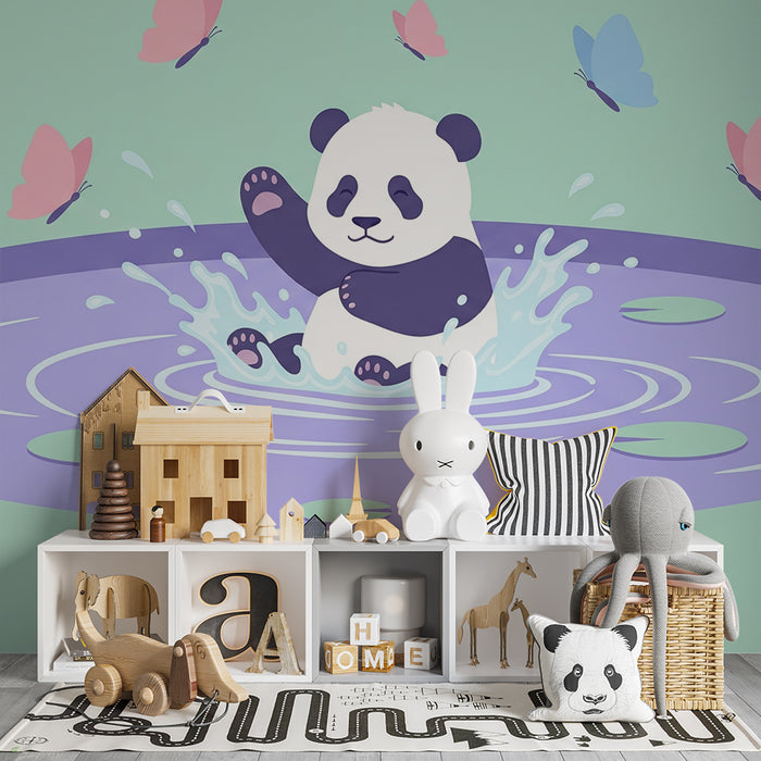 Papier peint chambre bébé | Panda joyeux dans l'eau avec des papillons