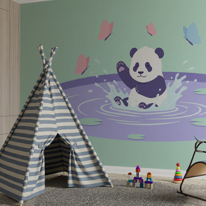 Papier peint chambre bébé | Panda joyeux dans l'eau avec des papillons