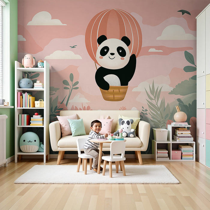 Χαρούμενο πανταλόνι σε αερόστατο πάνω από ένα πολύχρωμο ζούγκλα