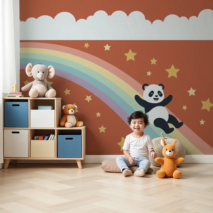 Papier peint chambre bébé | Panda joyeux glissant sur un arc-en-ciel étoilé