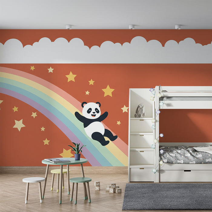 Papier peint chambre bébé | Panda joyeux glissant sur un arc-en-ciel étoilé