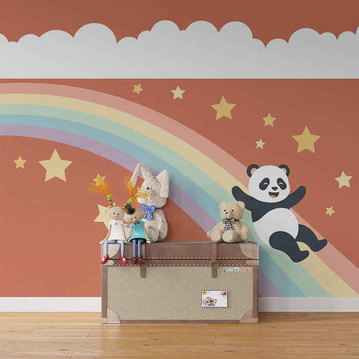 Papier peint chambre bébé | Panda joyeux glissant sur un arc-en-ciel étoilé