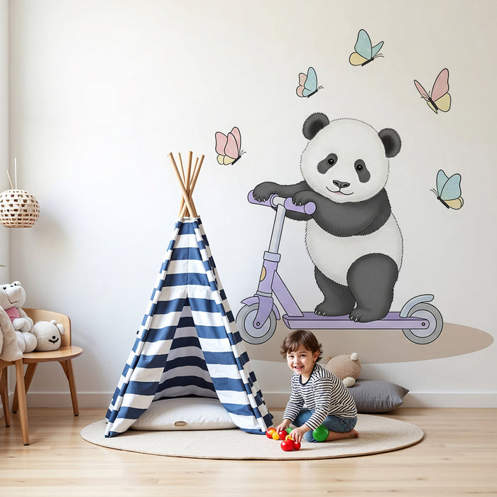 Barntapet | Glada panda på sparkcykel med fjärilar