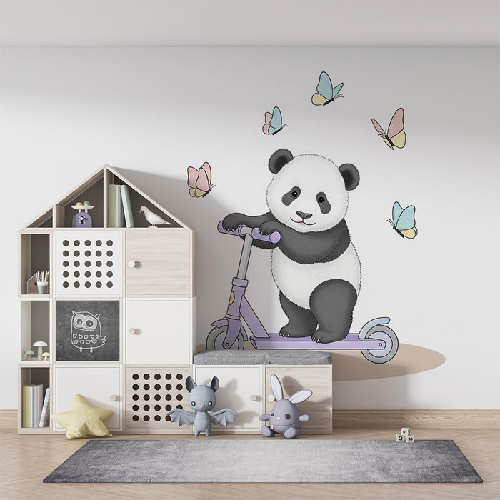 Barntapet | Glada panda på sparkcykel med fjärilar