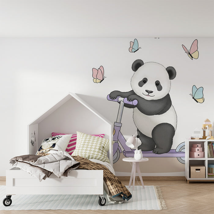 Barntapet | Glada panda på sparkcykel med fjärilar