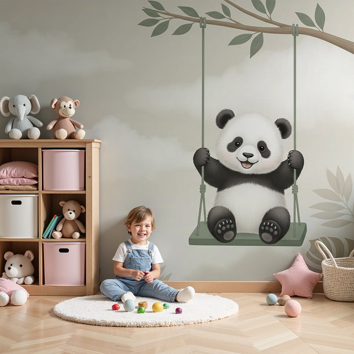 Papier peint chambre bébé | Panda joyeux sur une balançoire