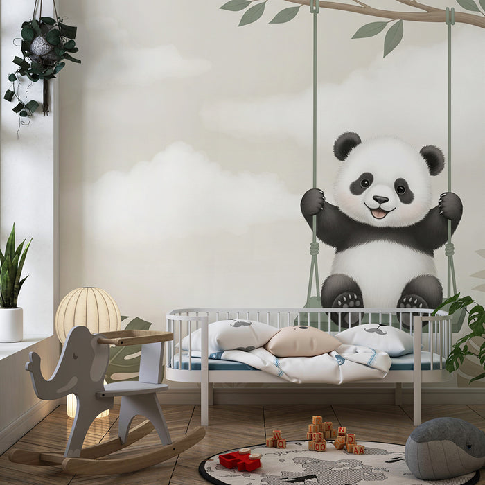 Papier peint chambre bébé | Panda joyeux sur une balançoire